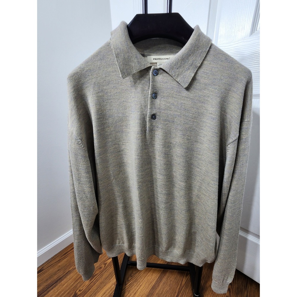 Pronto Uomo Mens XXL 100% Merino Wool Long Sleeve Polo Sweater Heather Tan Grey